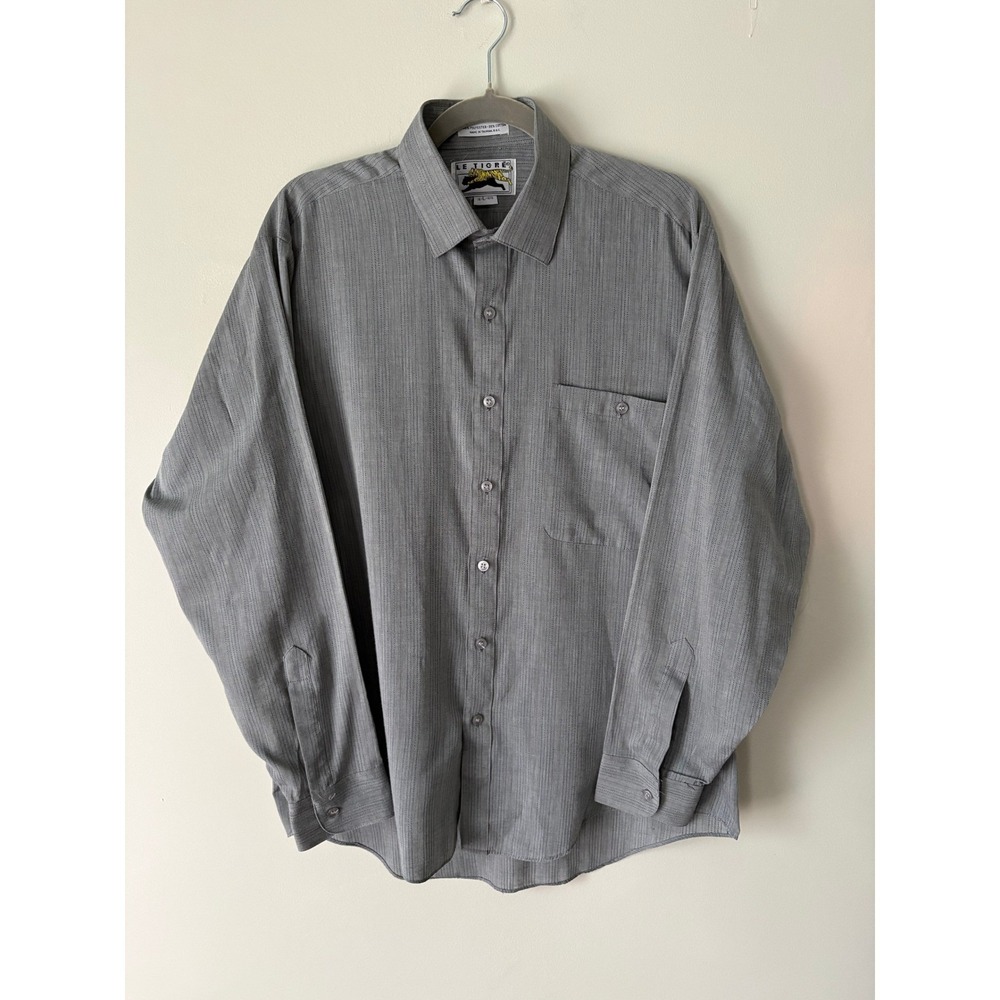 Vintage 90s Le Tigre Mens Button Up Shirt Large Grey Striped Long Sleeve Thin